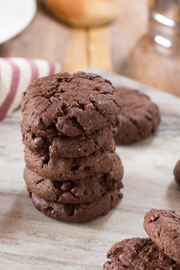 Decadent Vegan Double Chocolate Chip Cookies (made with spelt and oat flour and real maple syrup) via ExSloth.com