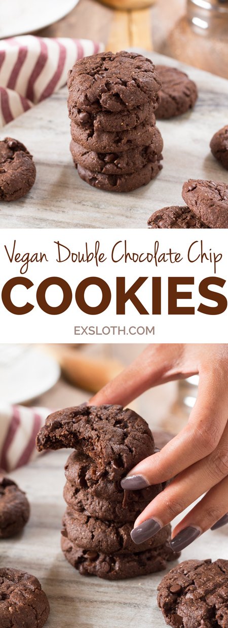 Decadent Vegan Double Chocolate Chip Cookies (made with spelt and oat flour and real maple syrup) via ExSloth.com