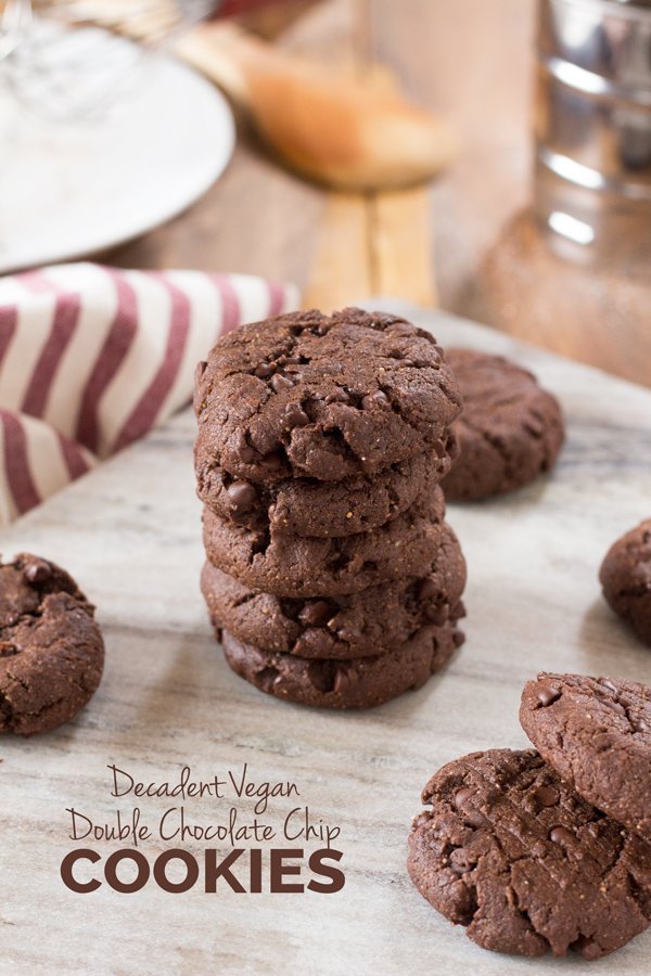 Decadent Vegan Double Chocolate Chip Cookies (made with spelt and oat flour and real maple syrup) via ExSloth.com