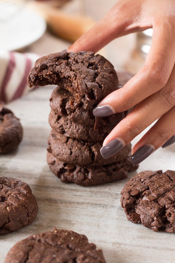 Decadent Vegan Double Chocolate Chip Cookies (made with spelt and oat flour and real maple syrup) via ExSloth.com