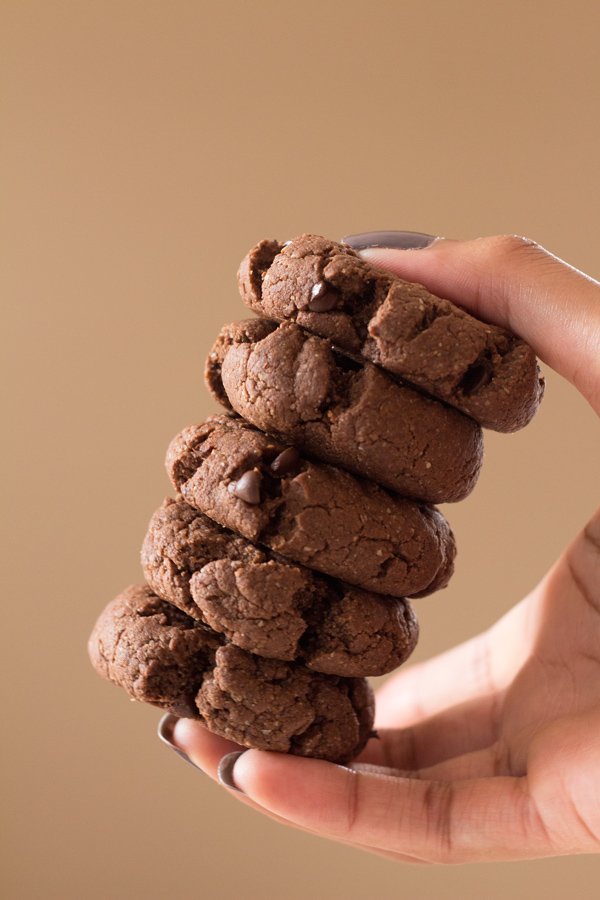 Decadent Vegan Double Chocolate Chip Cookies (made with spelt and oat flour and real maple syrup) via ExSloth.com