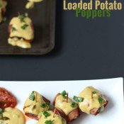 These Dairy-Free Inside Out Loaded Potatoes are crunchy on the outside, creamy on the inside with a little spiciness from the 'cheese' sauce topping. Perfect for last minute dinners and potlucks via @ExSloth | ExSloth.com