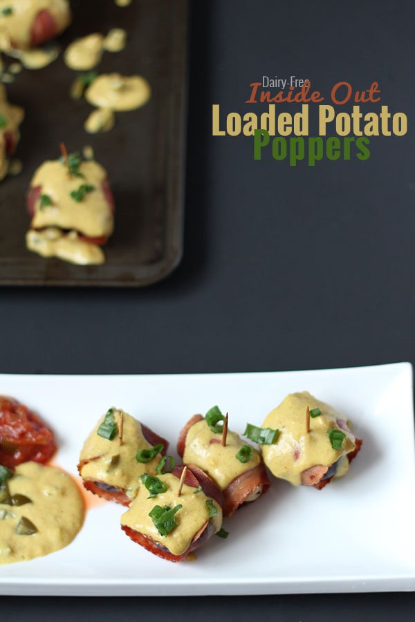 These Dairy-Free Inside Out Loaded Potatoes are crunchy on the outside, creamy on the inside with a little spiciness from the 'cheese' sauce topping. Perfect for last minute dinners and potlucks via @ExSloth | ExSloth.com