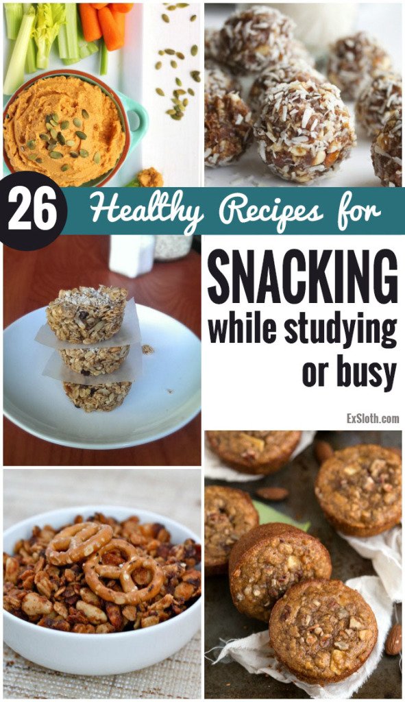 With exam time coming up, student's need healthy snack food to grab and go. There are 26 Snack Recipes to get you started via @ExSloth | ExSloth.com