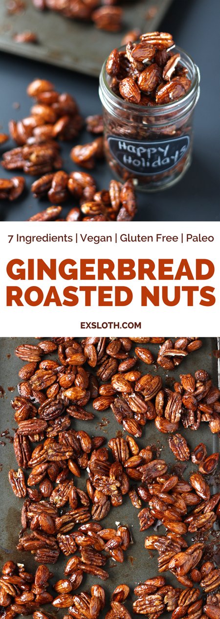 These gingerbread glazed roasted nuts use the traditional sweet and spicy flavour of gingerbread men to give a treat perfect for holiday parties or Christmas gifts via ExSloth.com (paleo | gluten free | vegan | 7 ingredients)