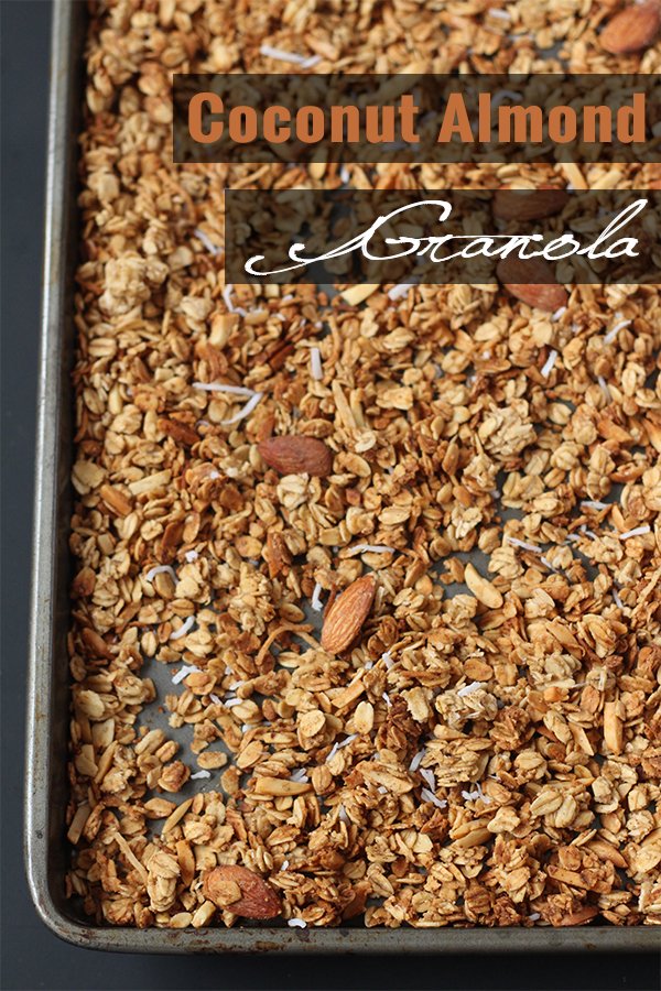 This coconut almond granola is easy to make, ready in under 30 minutes and full of delicious flavour. Plus, it's vegan, gluten free and refined sugar free via @ExSloth | ExSloth.com