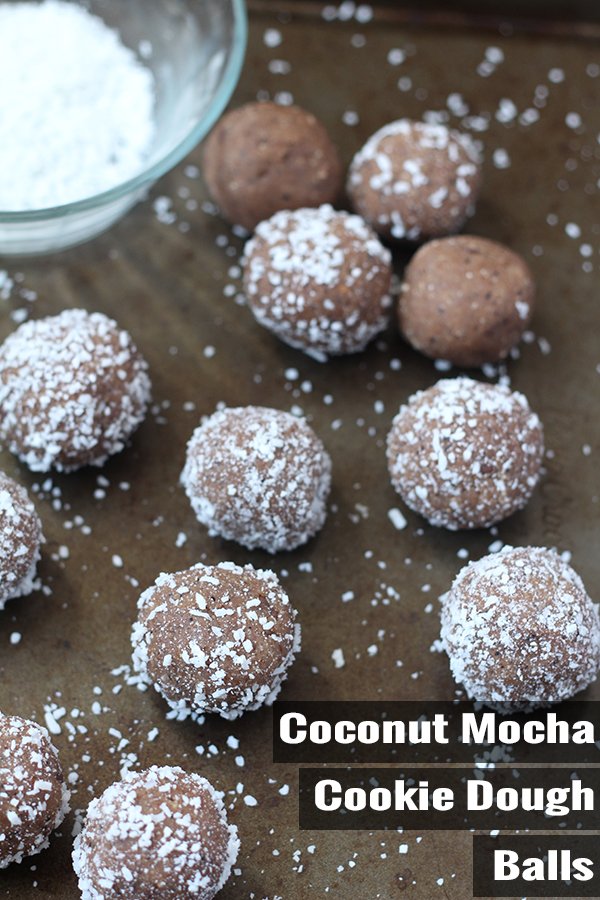 These coconut mocha cookie dough balls are rich sweet, slightly salty and also happen to be vegan and gluten free. The perfect egg-free alternative to regular cookie dough @ExSloth