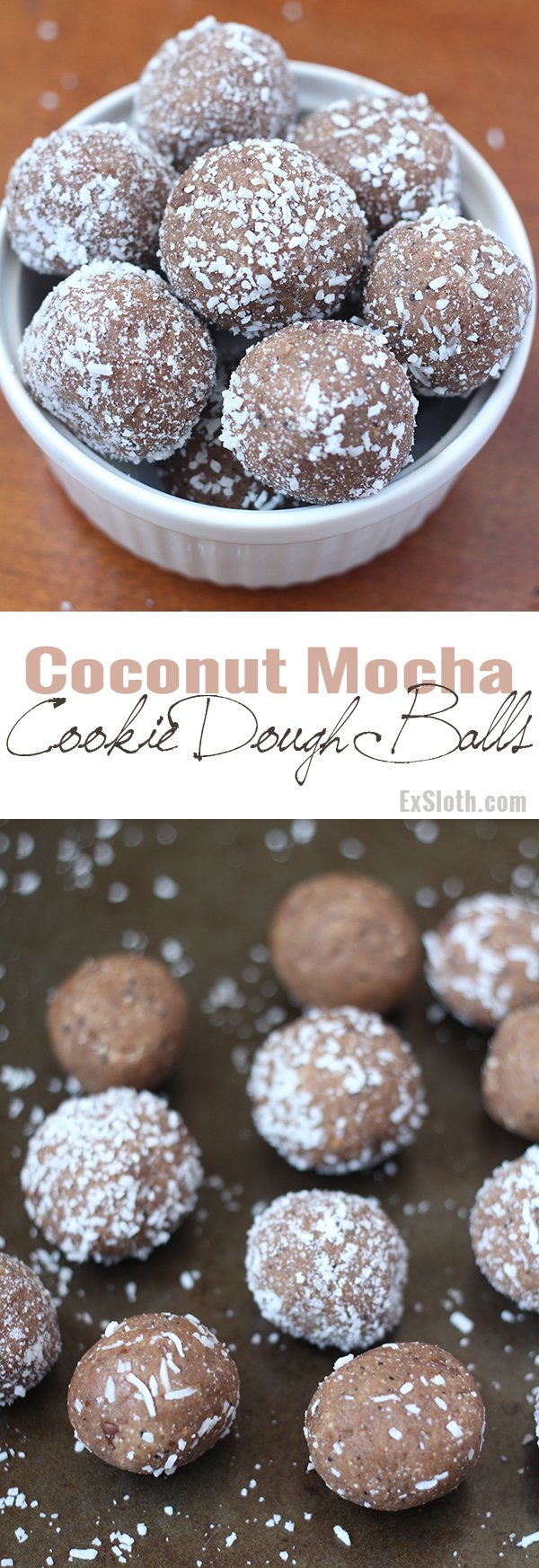 These coconut mocha cookie dough balls are rich sweet, slightly salty and also happen to be vegan and gluten free. The perfect egg-free alternative to regular cookie dough @ExSloth