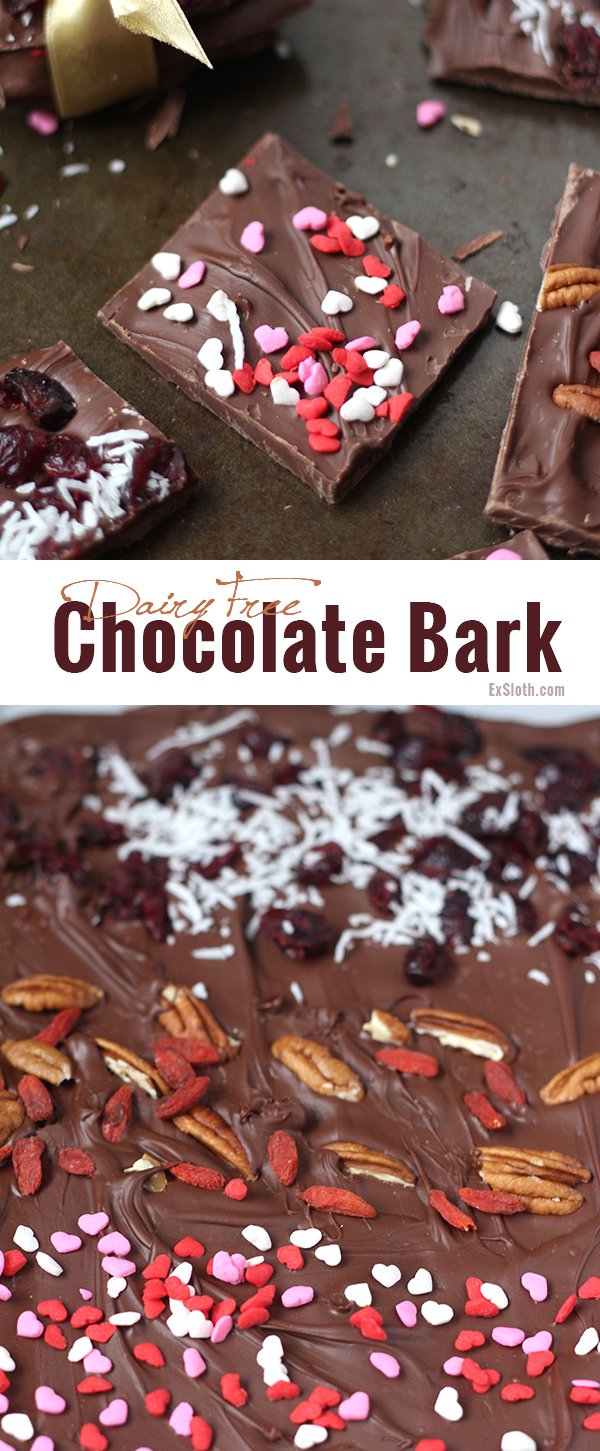 Skip the store bought candies this year and celebrate Valentine's Day a little healthier with this simple, customizable Dairy-Free Chocolate Bark recipe @ExSloth | ExSloth.com