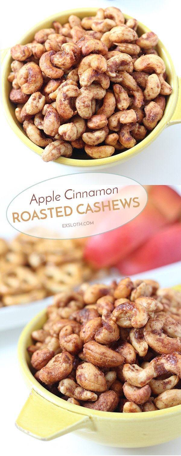 These apple cinnamon roasted cashews are crunchy and slightly sweet and are the perfect combination of the apples and cinnamon, without overpowering the taste of the cashews. via @ExSloth | ExSloth.com