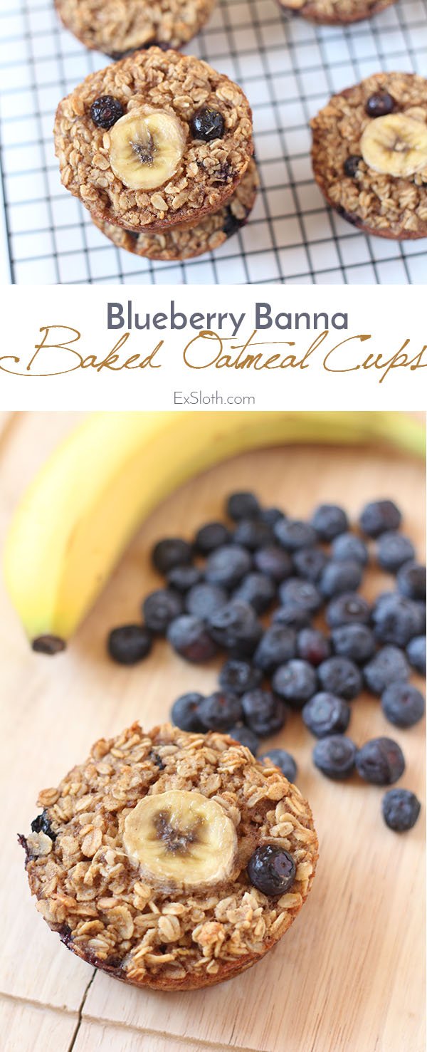 These blueberry banana baked oatmeal cups are soft, chewy, easily customizable and freeze really well. Plus, they're gluten-free, dairy-free and refined sugar free. Perfect for breakfast or brunch via @ExSloth | ExSloth.com 