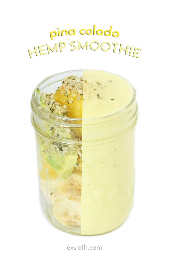 This smooth and creamy pina colada hemp smoothie doesn't have alcohol like it's namesake, but it's got avocados and Manitoba Harvest Hemp Hearts for some added healthy fats and protein. @ExSloth | ExSloth.com