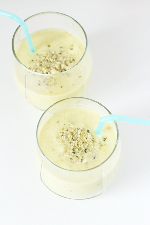 This smooth and creamy pina colada hemp smoothie doesn't have alcohol like it's namesake, but it's got avocados and Manitoba Harvest Hemp Hearts for some added healthy fats and protein. @ExSloth | ExSloth.com