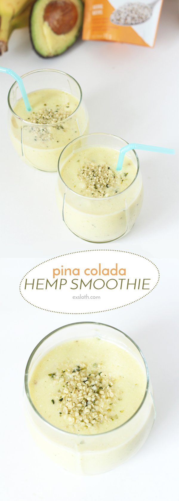 This smooth and creamy pina colada hemp smoothie doesn't have alcohol like it's namesake, but it's got avocados and Manitoba Harvest Hemp Hearts for some added healthy fats and protein. @ExSloth | ExSloth.com