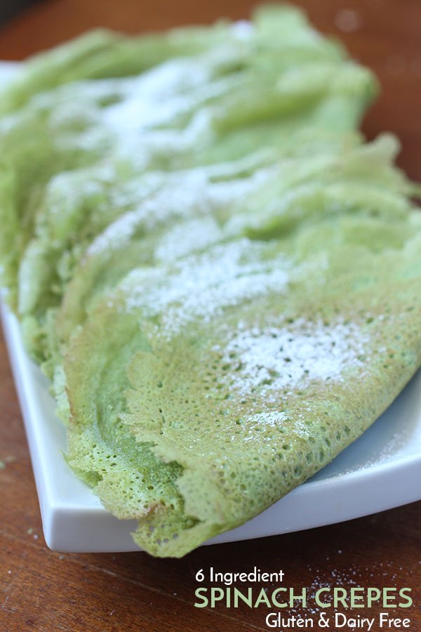 These dairy and gluten free spinach crepes are thin, light, slightly sweet and filled with nutritious spinach. Plus, they're easy to make. Perfect for St. Patrick's Day breakfast or brunch via @ExSloth | ExSloth.com