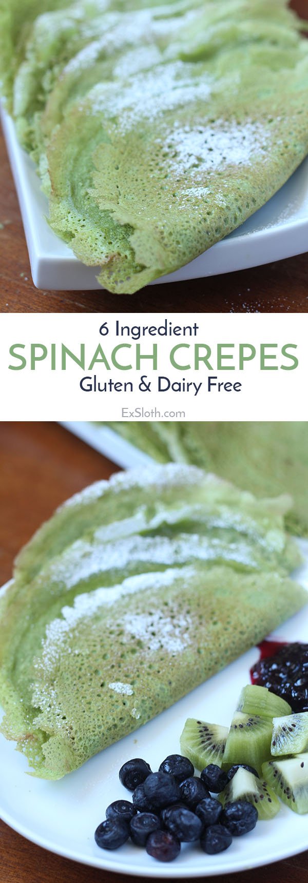 These dairy and gluten free spinach crepes are thin, light, slightly sweet and filled with nutritious spinach. Plus, they're easy to make. Perfect for St. Patrick's Day breakfast or brunch via @ExSloth | ExSloth.com