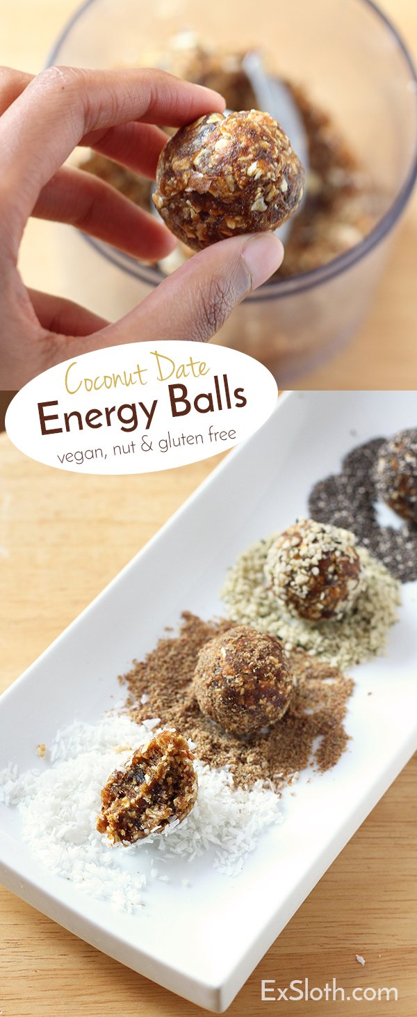 Vegan, Dairy Free, Refine Sugar Free, Nut Free Coconut Date Energy Balls via @ExSloth | ExSloth.com