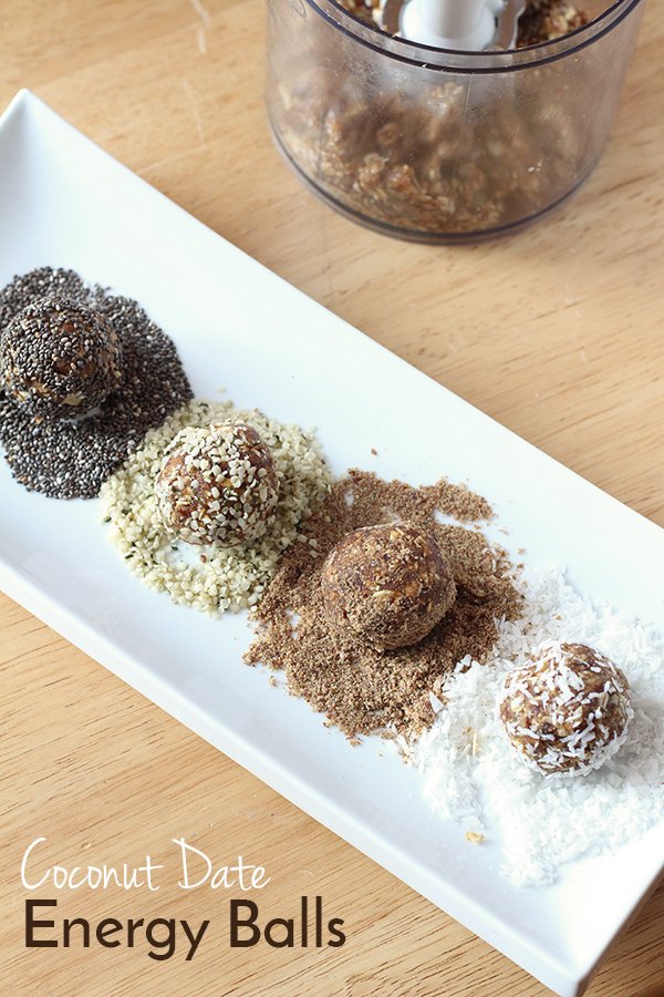 Vegan, Dairy Free, Refine Sugar Free, Nut Free Coconut Date Energy Balls via @ExSloth | ExSloth.com
