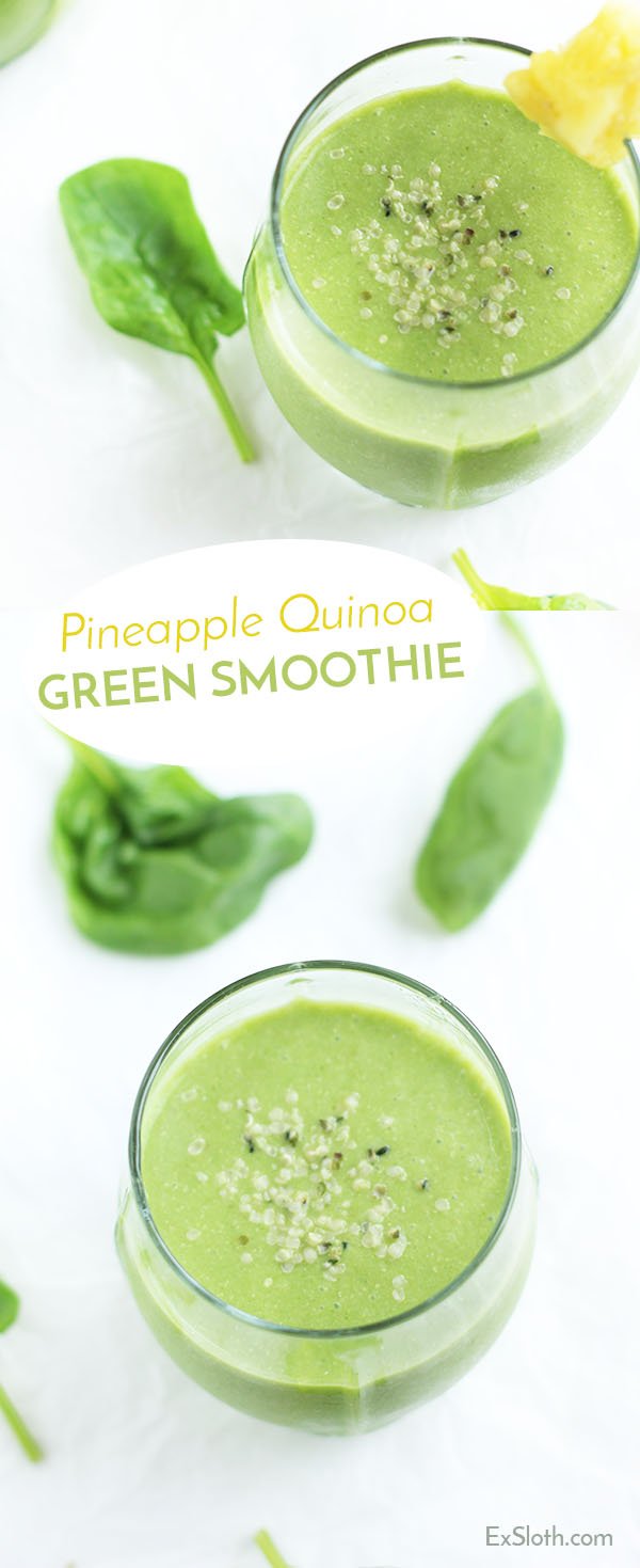 This pineapple quinoa green smoothie is creamy, refreshing, filling and packs a protein punch. Perfect for breakfast. via @ExSloth | ExSloth.com