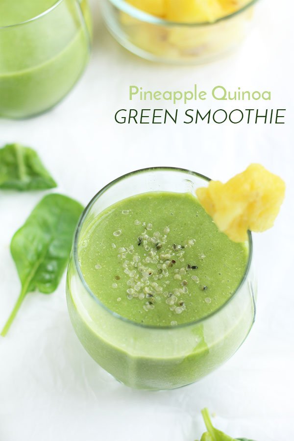 This pineapple quinoa green smoothie is creamy, refreshing, filling and packs a protein punch. Perfect for breakfast. via @ExSloth | ExSloth.com