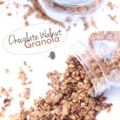 This Chocolate Walnut Granola is easy to make, ready in under 30 minutes and full of delicious flavour. Plus, it's vegan, gluten free and refined sugar free via @ExSloth | ExSloth.com