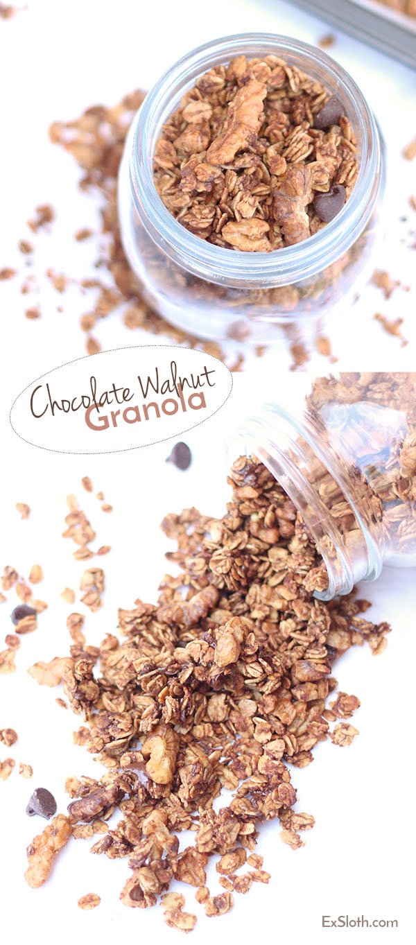 This Chocolate Walnut Granola is easy to make, ready in under 30 minutes and full of delicious flavour. Plus, it's vegan, gluten free and refined sugar free via @ExSloth | ExSloth.com