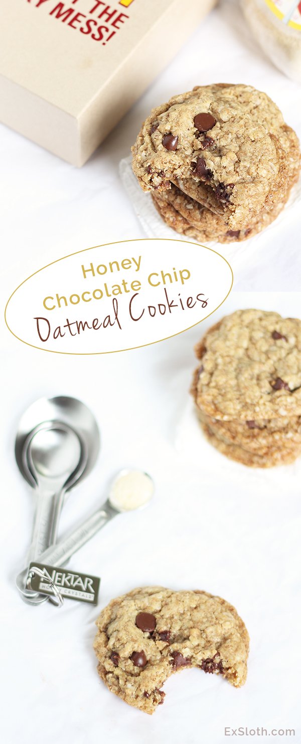 These decadent, soft and chewy Honey Chocolate Chip Oatmeal Cookies are also dairy free and refined sugar free, thanks to Nektar Naturals Honey Crystals via @ExSloth | ExSloth.com