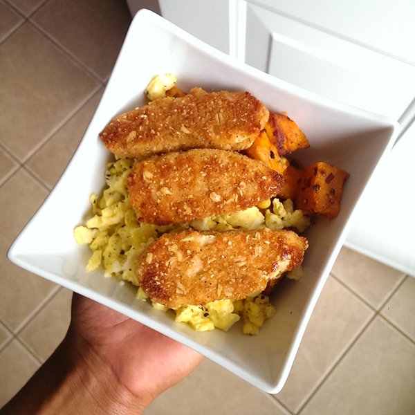 scrambled eggs and Gardein meatless tenders via @ExSloth