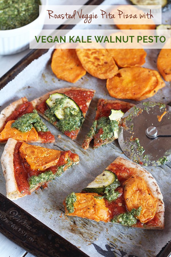 Roasted Veggie Pita Pizza with Vegan Kale Walnut Pesto via @ExSloth | ExSloth.com