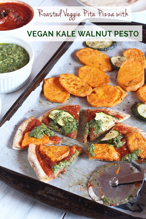 Roasted Veggie Pita Pizza with Vegan Kale Walnut Pesto via @ExSloth | ExSloth.com
