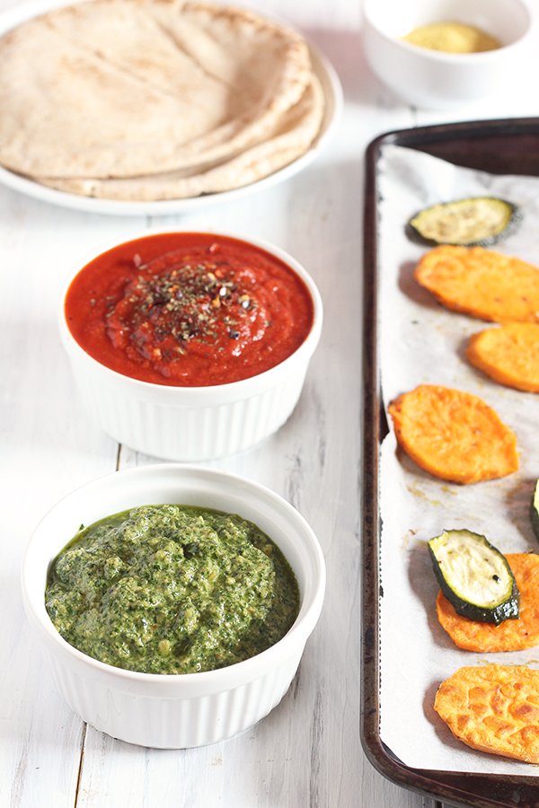 Roasted Veggie Pita Pizza with Vegan Kale Walnut Pesto via @ExSloth | ExSloth.com