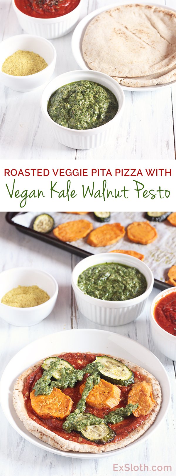 Roasted Veggie Pita Pizza with Vegan Kale Walnut Pesto via @ExSloth | ExSloth.com