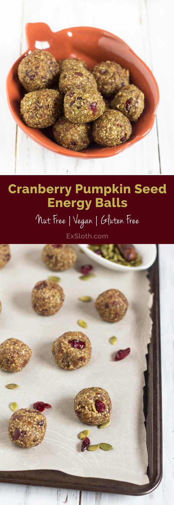Vegan, Gluten Free & Nut Free Cranberry Pumpkin Seed Energy Balls via @ExSloth | ExSloth.com
