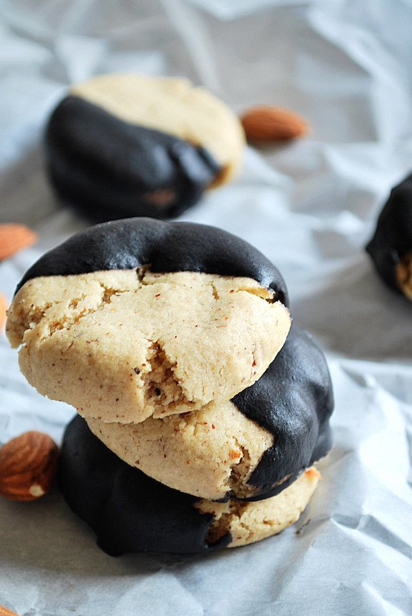 Fudge Dipped Almond Cookies Stack via Fooduzzi