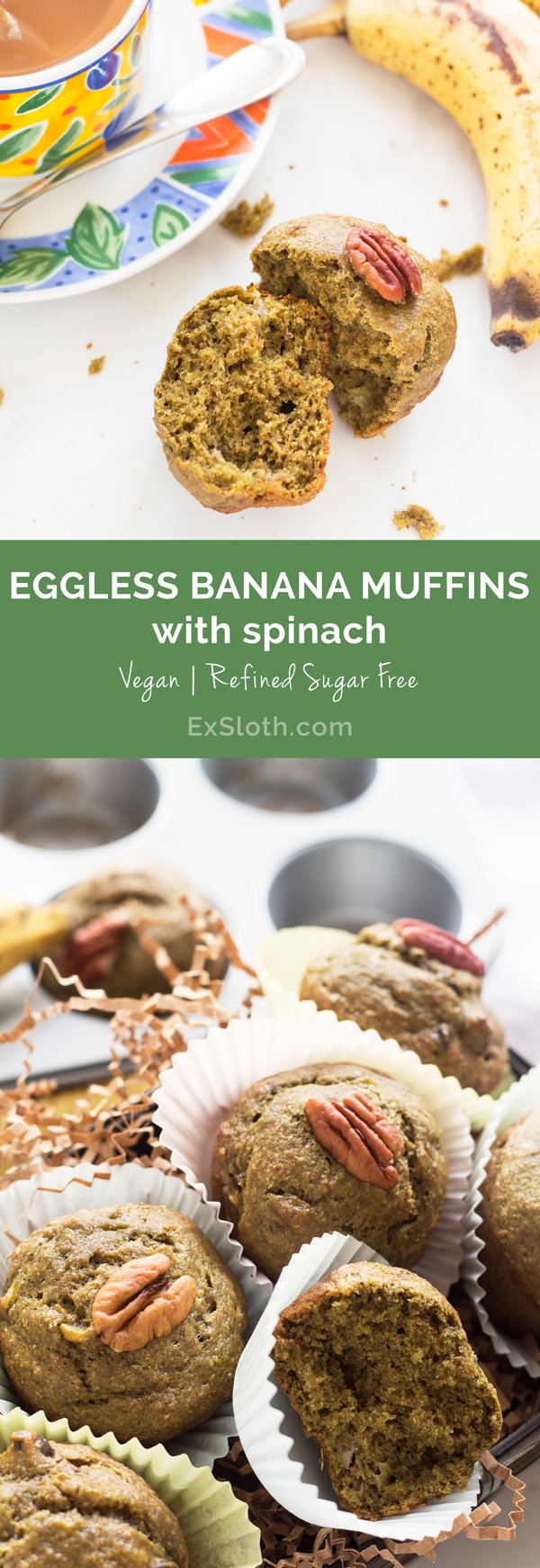 These Green Eggless Banana Muffins are also vegan, dairy-free, refined sugar-free and filled with spinach. Plus they use spelt flour instead of traditional wheat via @ExSloth | ExSloth