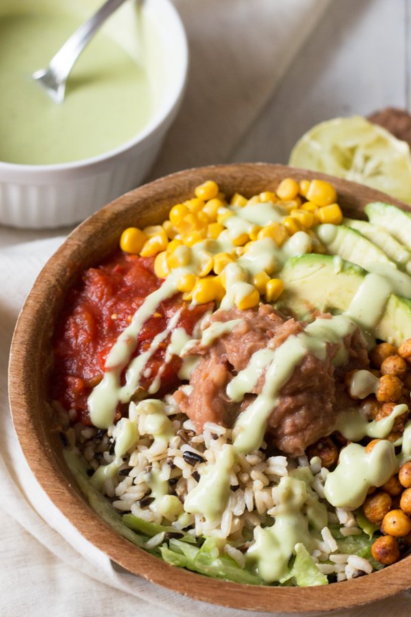Vegan Wild Rice Burrito Bowl with Cilantro-Lime Avocado Dressing - 10 Vegan Salad Dressings | ExSloth.com