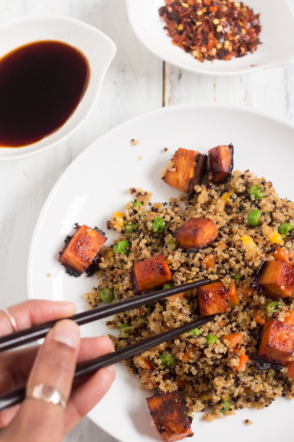 Vegan Fried Quinoa with BBQ Sriracha Tofu via @ExSloth | ExSloth.com