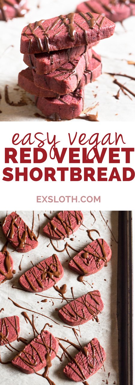 Easy red velvet vegan shortbread cookies (made with coconut oil, not butter). Perfect as a healthy alternative to Christmas cookies or traditional Valentine's Day treats via ExSloth.com