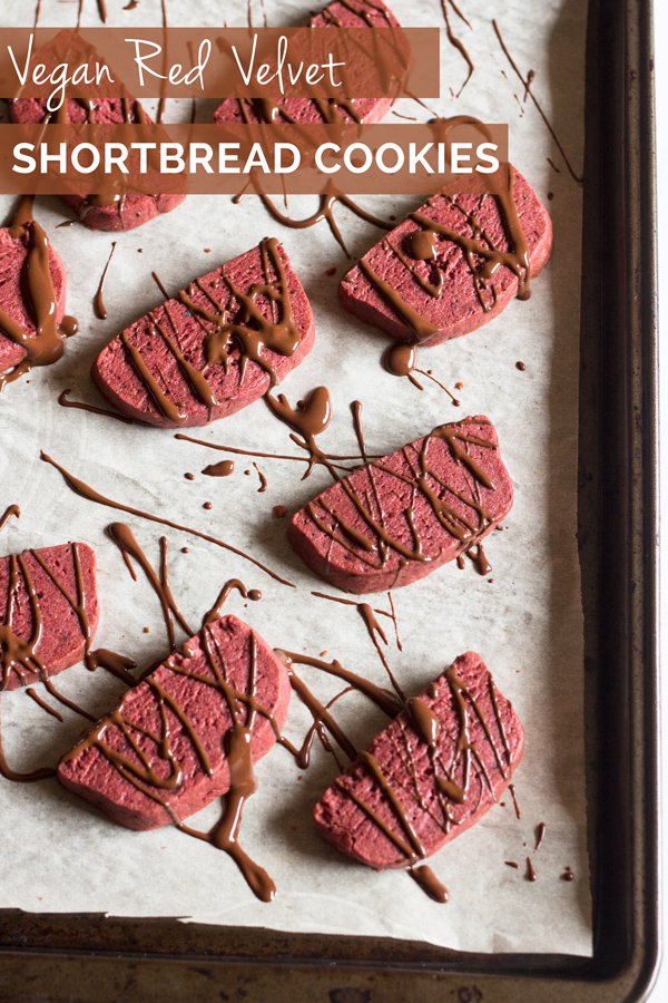 Vegan Red Velvet Shortbread Cookies + 4 vegan Valentine's Day Recipes via @ExSloth | ExSloth.com