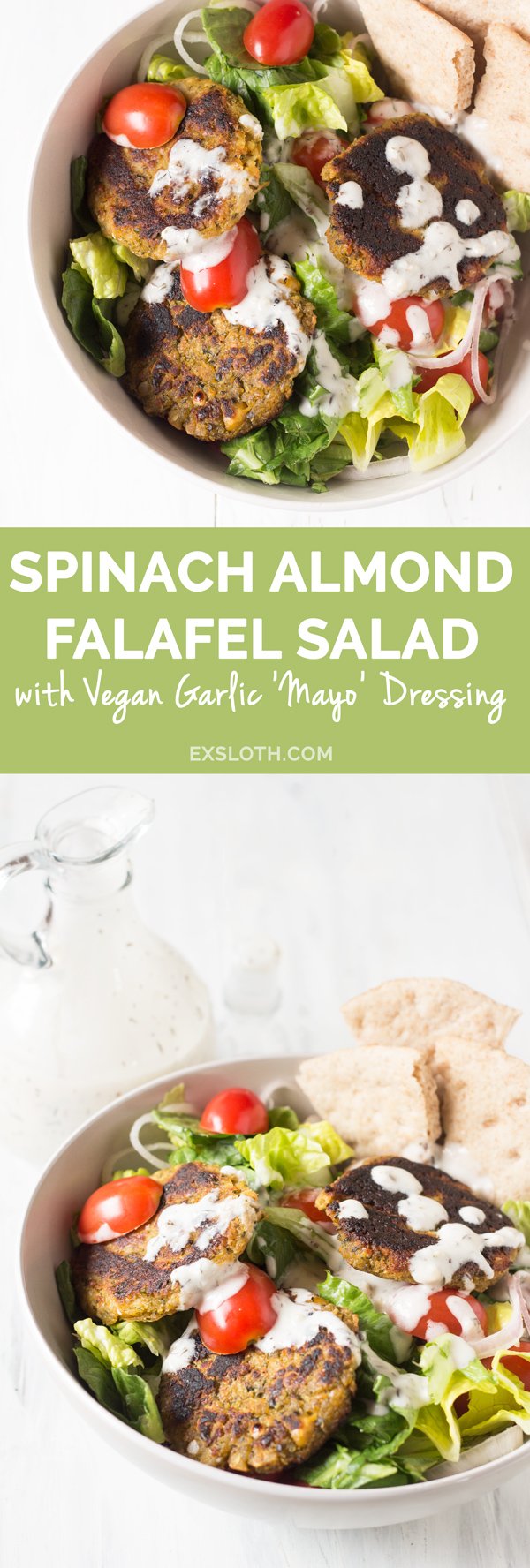 Spinach Almond Falafel Salad with Vegan Garlic Mayo Dressing via @ExSloth | ExSloth.com
