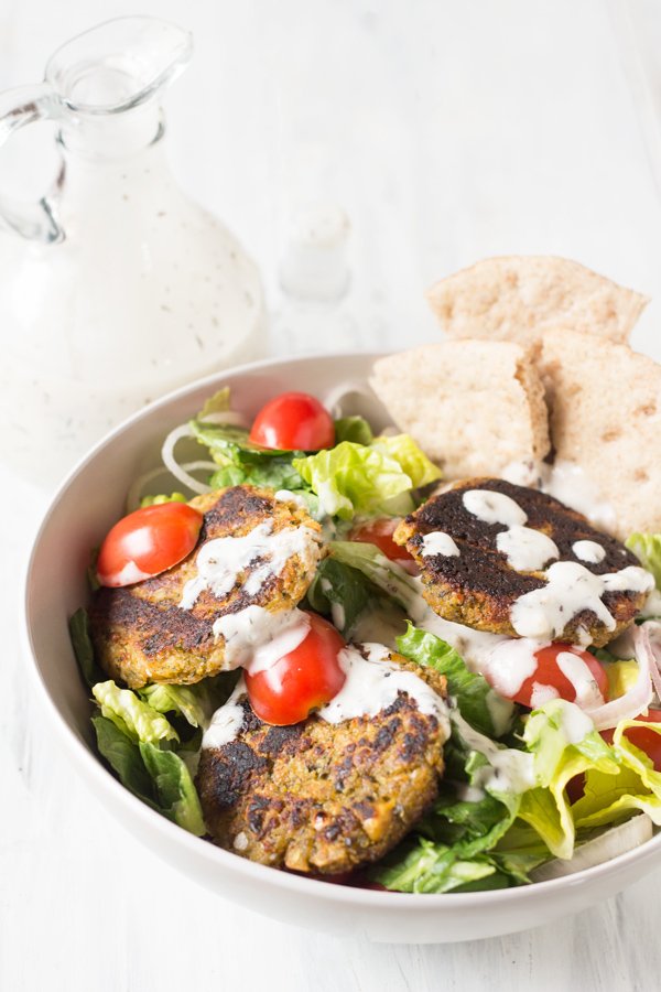 Spinach Almond Falafel Salad with Vegan Garlic Mayo Dressing - 10 Vegan Salad Dressings | ExSloth.com