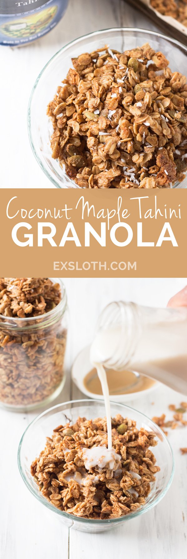This Vegan Coconut Maple Tahini Granola is crunchy, satisfying and the perfect balance of sweet and savoury. Plus, it'll be ready in under 30 minutes. @ExSloth | ExSloth.com