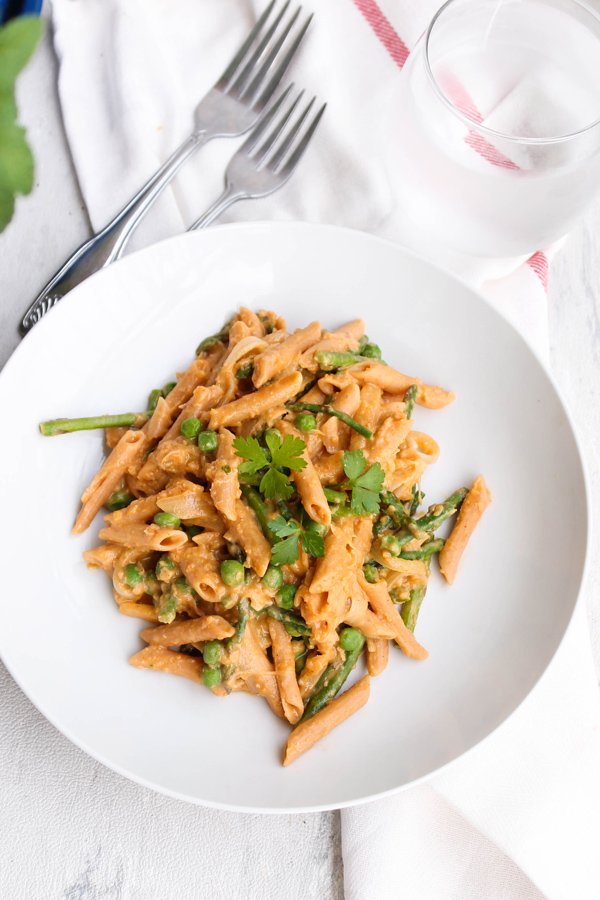  Spring Vegetable Hummus Pasta via Food, Pleasure & Health