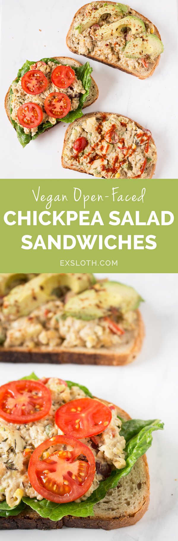 Easy Open-Faced Vegan Chickpea Salad Sandwich for Recipe ReDux via @ExSloth | ExSloth.com