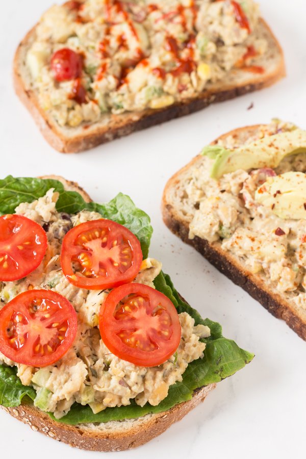 Easy Open-Faced Vegan Chickpea Salad Sandwich for Recipe ReDux via @ExSloth | ExSloth.com