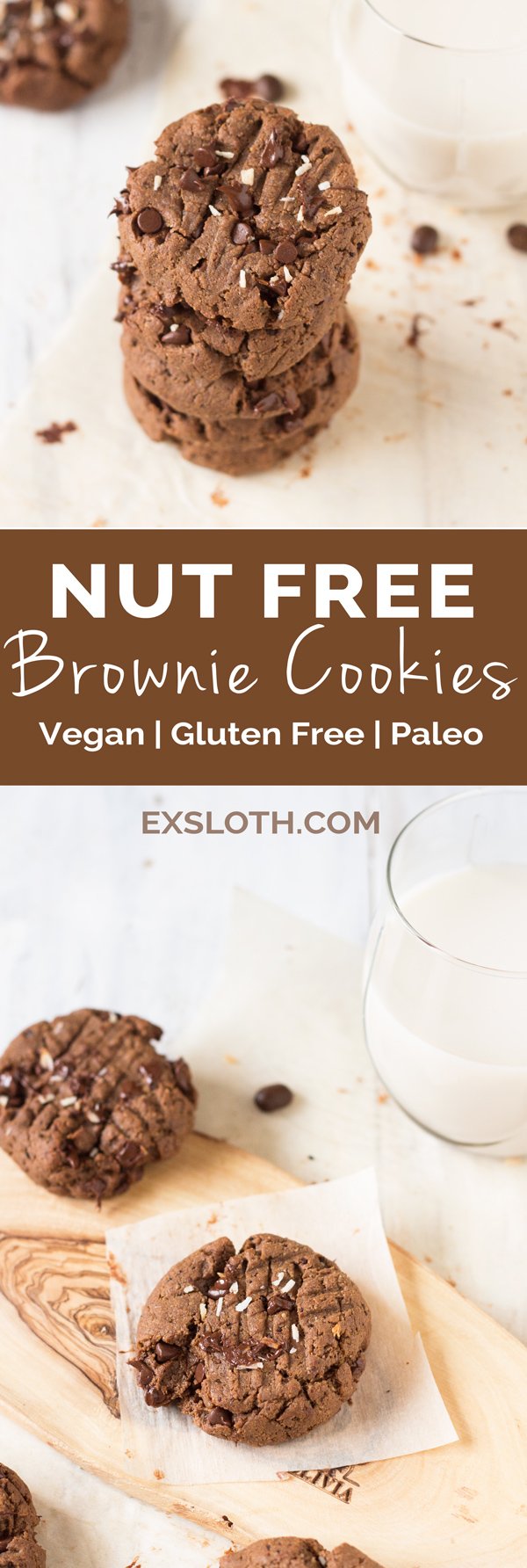 These vegan nut free brownie cookies have a light crust/crunch on the outside but are soft, chewy and basically brownie-like on the inside. Plus, they're made with coconut flour and sunflower seed butter so they're gluten-free and paleo via @ExSloth | ExSloth.com
