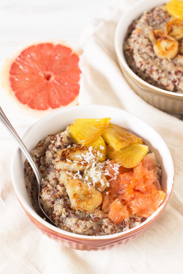 Easy Gluten-Free Vegan Caramelized Fruit Coconut Quinoa Porridge via @ExSloth | ExSloth.com