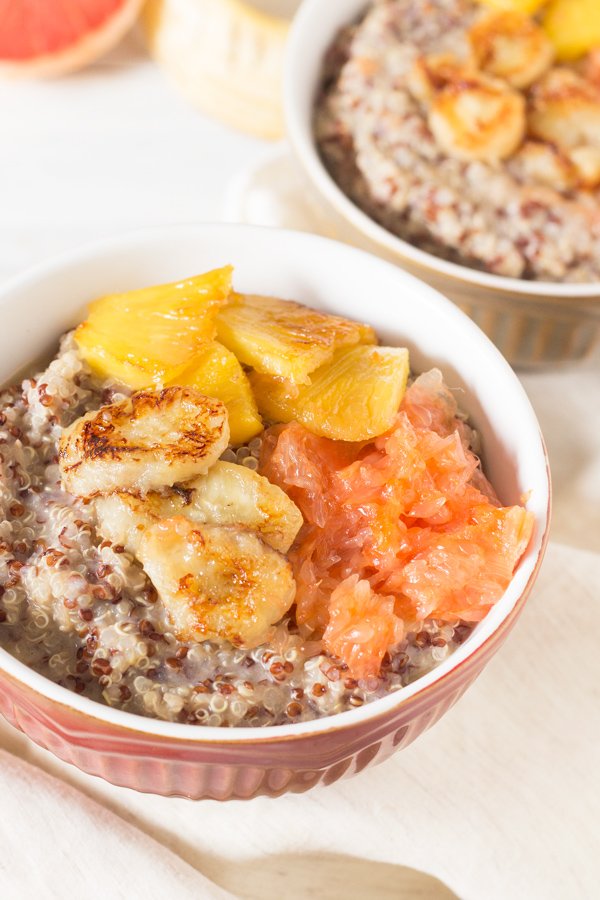 Easy Gluten-Free Vegan Caramelized Fruit Coconut Quinoa Porridge via @ExSloth | ExSloth.com
