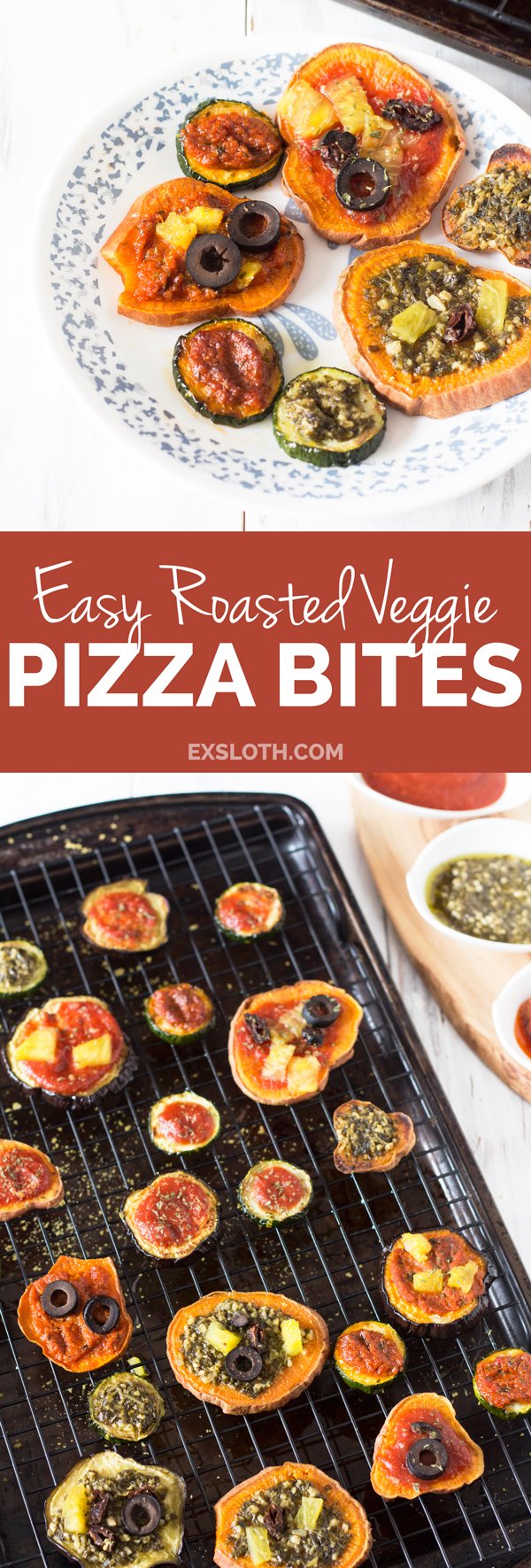 Roasted veggie pizza bites with sweet potato, zucchini and eggplant via @ExSloth | ExSloth.com