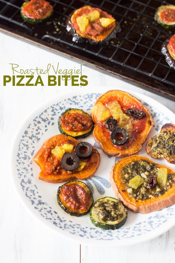 Roasted veggie pizza bites with sweet potato, zucchini and eggplant via @ExSloth | ExSloth.com